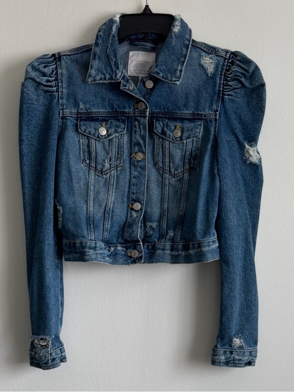 Zara Dark Blue Distressed Denim Jacket with Puff Shoulders